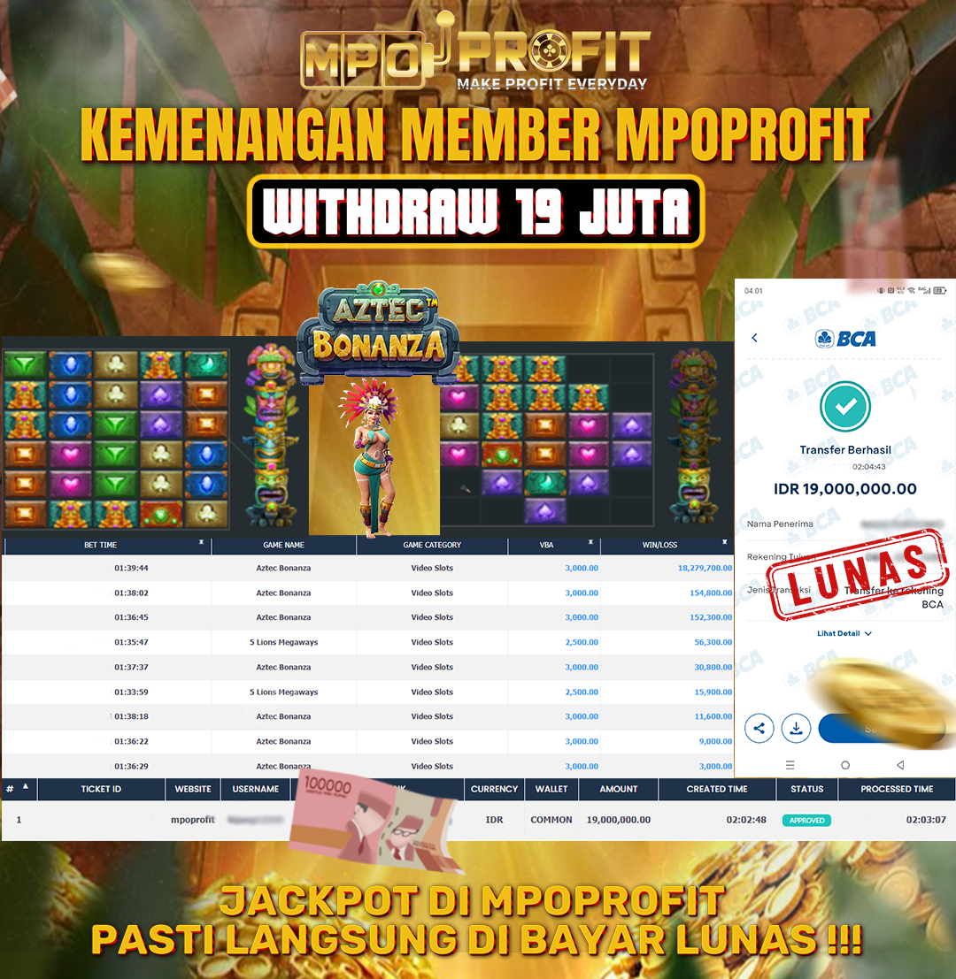 MPOPROFIT JACKPOT SLOT PRAGMATIC PLAY! KEMENANGAN MURNI DI (AZTEC BONANZA TOTAL RP 19.000.0000,- LUNAS)